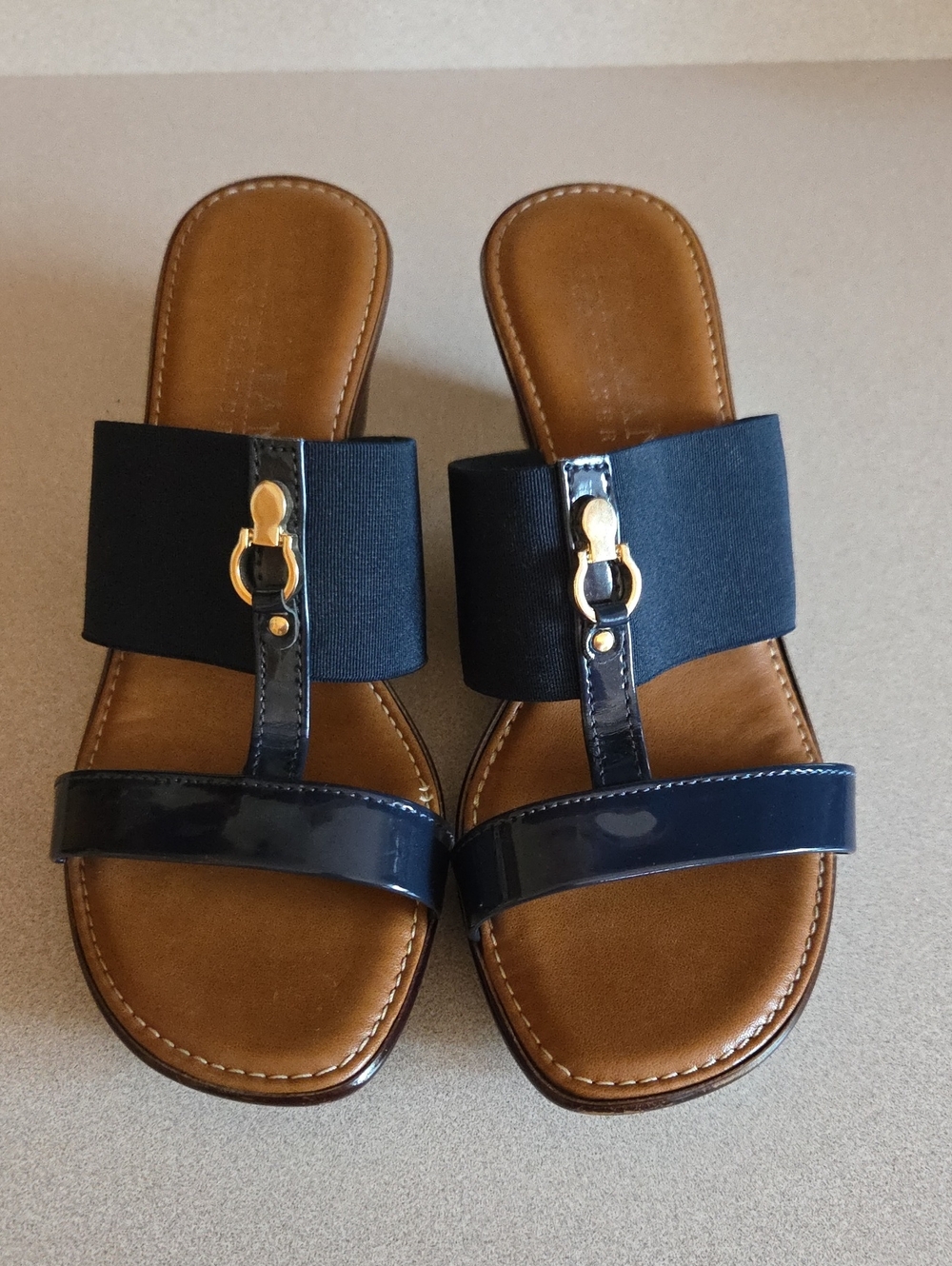 Italian Shoemakers Navy Slide Sandals with Gold Accent